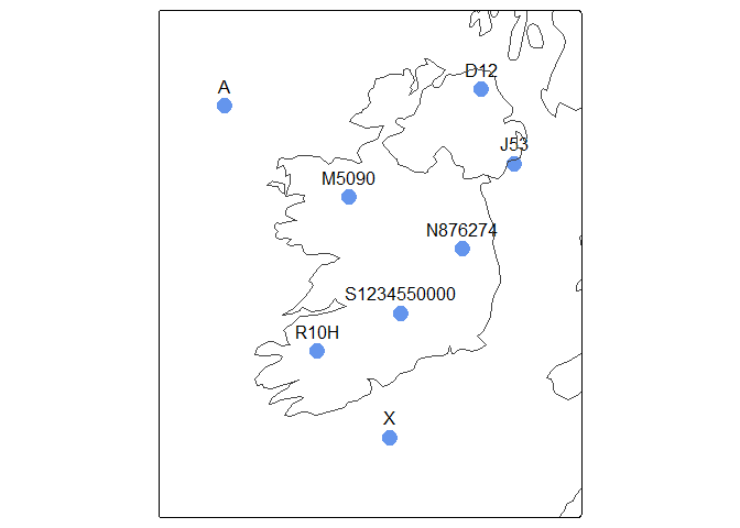 A map of Ireland with a dot at the south west corner of each sample grid reference.